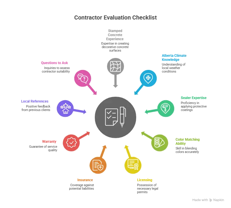 Stamped concrete contractor evaluation checklist infographic, checkboxes for experience, climate knowledge, sealer, color matching, licensing, insurance, warranty, local references, questions to ask.
