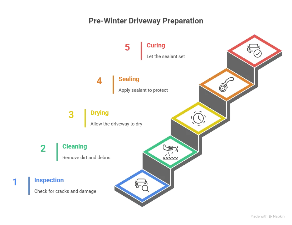 Pre-winter stamped concrete driveway timeline infographic, Red Deer Alberta, September-October tasks with icons and temperature guidelines.
