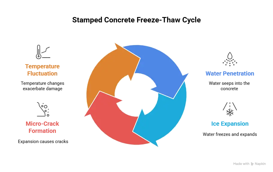 Stamped concrete freeze-thaw infographic, cross-section showing sealer, color pigment, concrete base, water penetration, ice expansion, micro-cracks, Red Deer Alberta.
