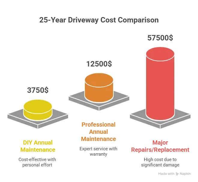 Stamped concrete driveway cost comparison infographic, DIY, professional, and repair/replacement costs with 25-year projection bar graph.
