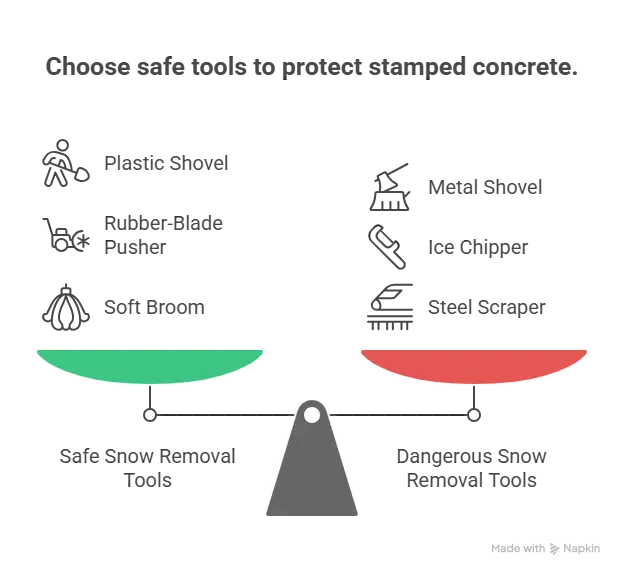 Stamped concrete snow removal infographic, safe tools with green checkmarks, unsafe tools with red X, proper shoveling direction, sealer damage cross-section.
