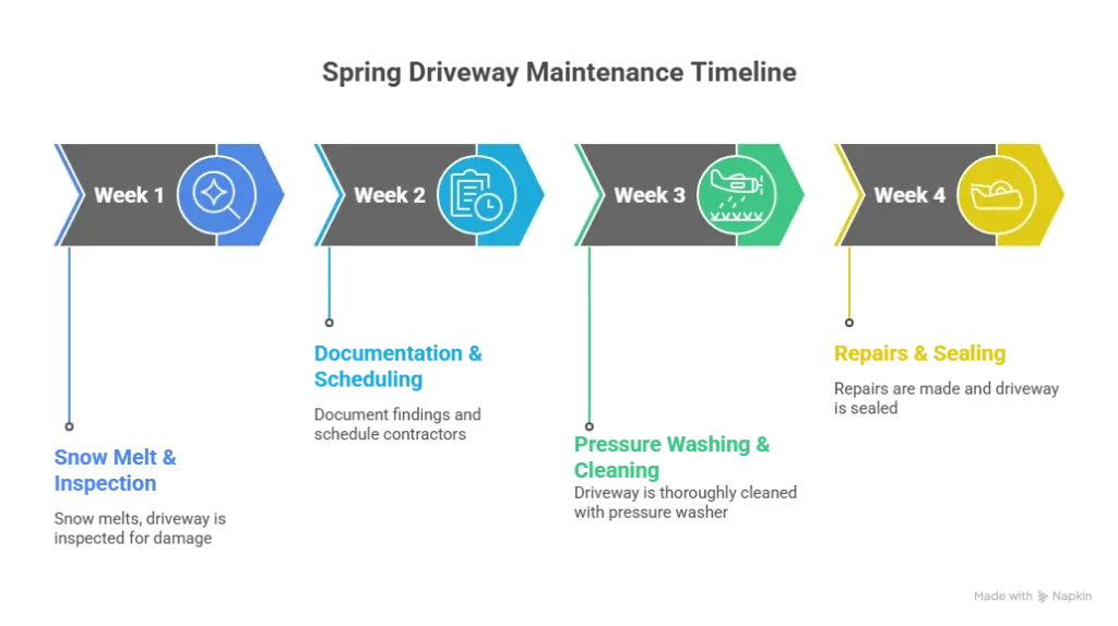 Stamped concrete spring maintenance timeline infographic, 4-week post-winter recovery with inspection, documentation, cleaning, repairs, temperature indicators, checklist.
