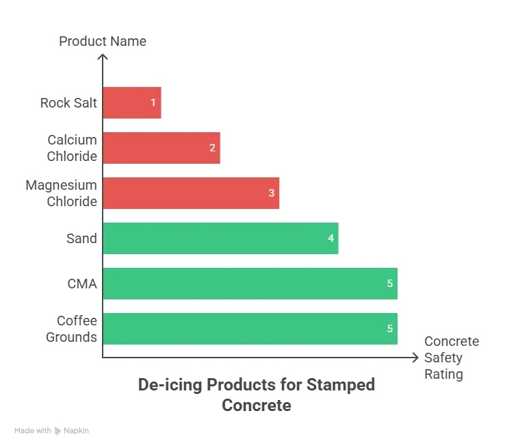Stamped concrete de-icing infographic, product safety ratings, cost, temperature, environmental impact, safe products green, unsafe red.
