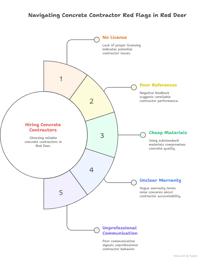 Infographic showing warning signs and red flags when hiring concrete contractors in Red Deer