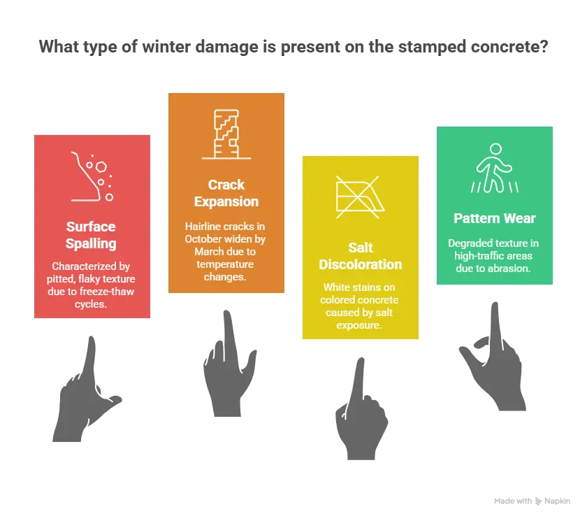 Stamped concrete winter damage infographic, four-panel before/after: spalling, crack expansion, salt discoloration, pattern wear, with captions.
