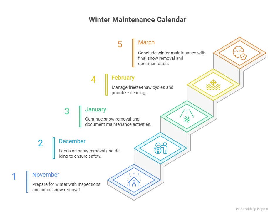 Stamped concrete winter maintenance calendar infographic, November to March, Red Deer Alberta, task icons, temperatures, freeze-thaw risk meter, color-coded.
